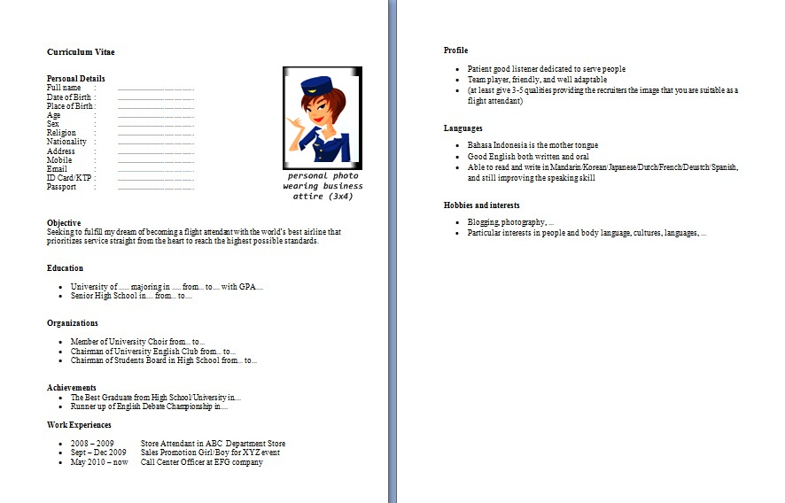 Cabin Crew CV Sample submited images.