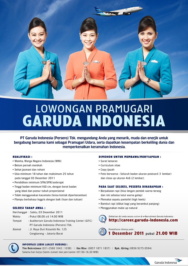 Garuda Indonesia kembali membuka rekrutmen pramugari untuk wilayah 
