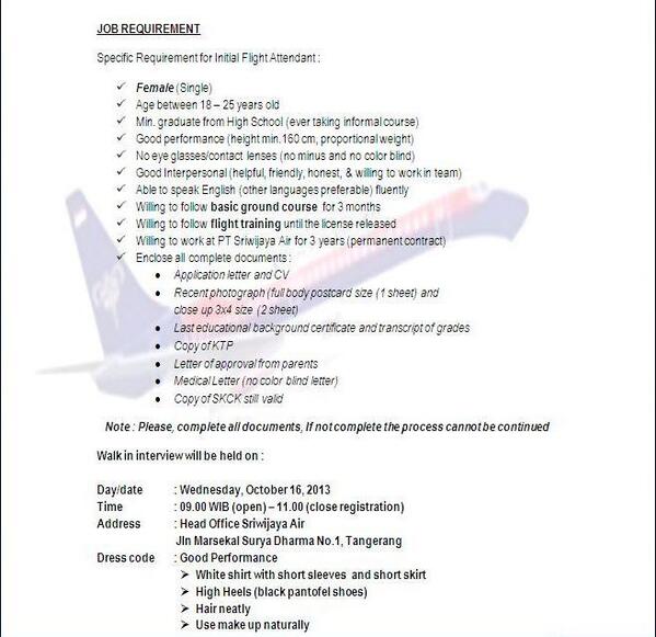 [Jakarta] Sriwijaya Air Flight Attendant Recruitment 